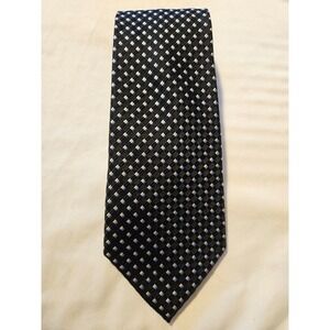 Palatina Mens Silk Necktie Black Blue Silver Geometric Pattern 3.5in Width